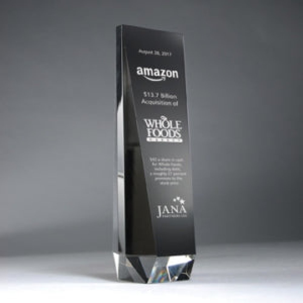 Slant-Front Black and Clear Crystal Obelisk — 3" x 10 1/2" x" Sold only as shown.
