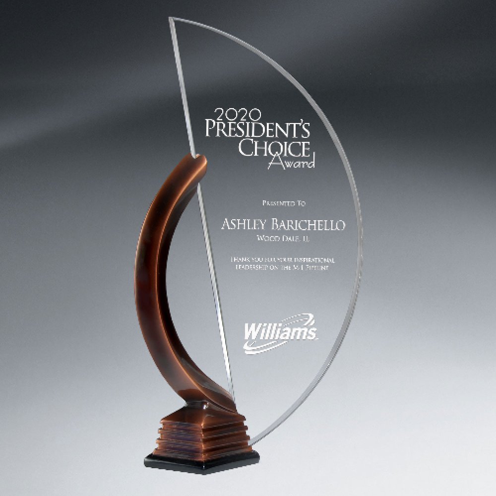 Floating Lucite Crescent in Bronze Resin Stand — 6 3/8" x 12" x 3" Color(s): Clear, Bronze
