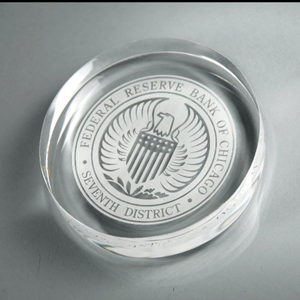 Lucite Circle Paperweight — 3 1/2" x 3/4" Color(s): Clear