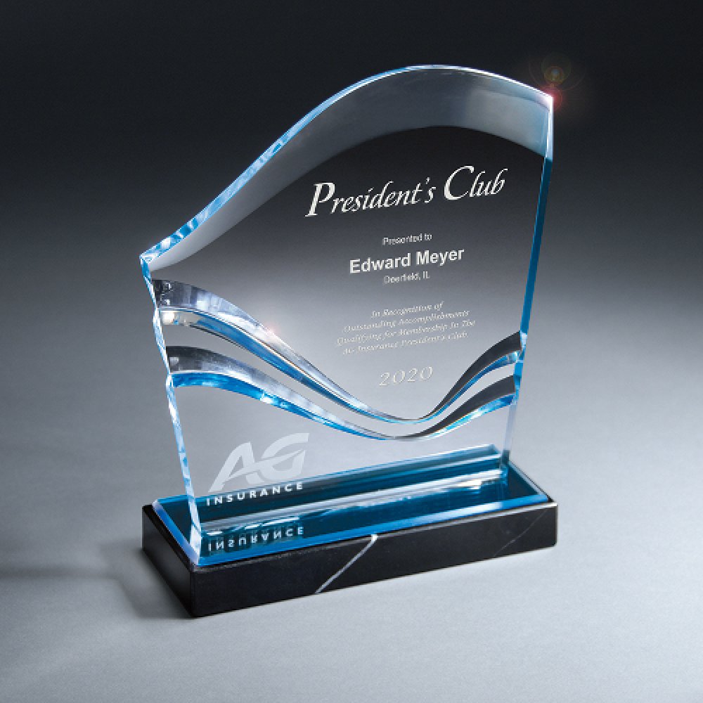 Lucite Wave Monument on Black Marble Base — 6 1/2" x 7 1/2" x 2 Color(s): Clear, Blue, Black