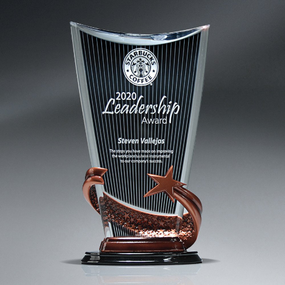 Bronze Brilliance Star Arch Award with Ebony Background — 5 1/2" x 8 1/4" x 2 Color(s): Black, Clear, Bronze