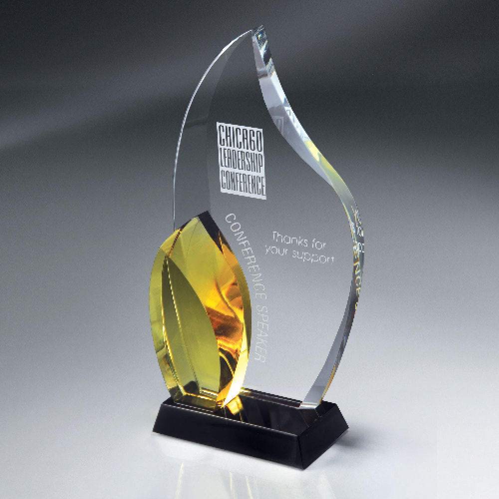 Deep Beveled Optic Crystal with Thick Honey Gold Glass Accent — 5 3/4" x 10 3/4" Color(s): Clear, Gold, Black