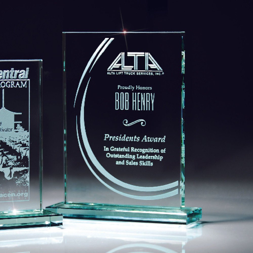 Jade Glass Rectangular Award — 6" x 7 3/8" Jade" Sold only as shown.