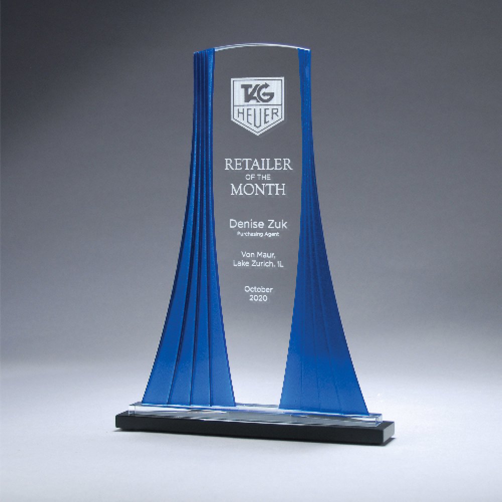Cascade Tower — 7" x 9 5/8" x 2" Color(s): Blue, Clear, Black