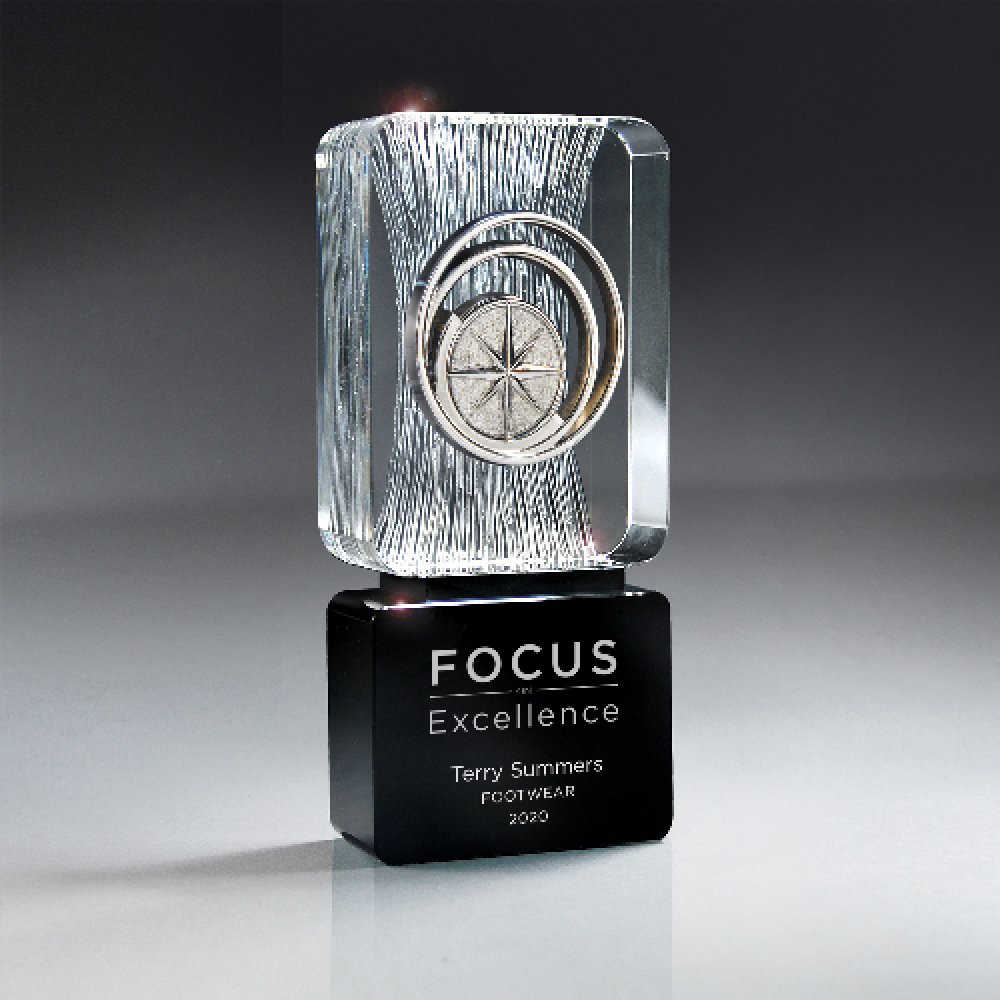 Carved Clear Crystal on Black Base with Choice of Medallion — 6 1/2" x 3" x 1 1/4" Color(s): Clear, Black, Silver