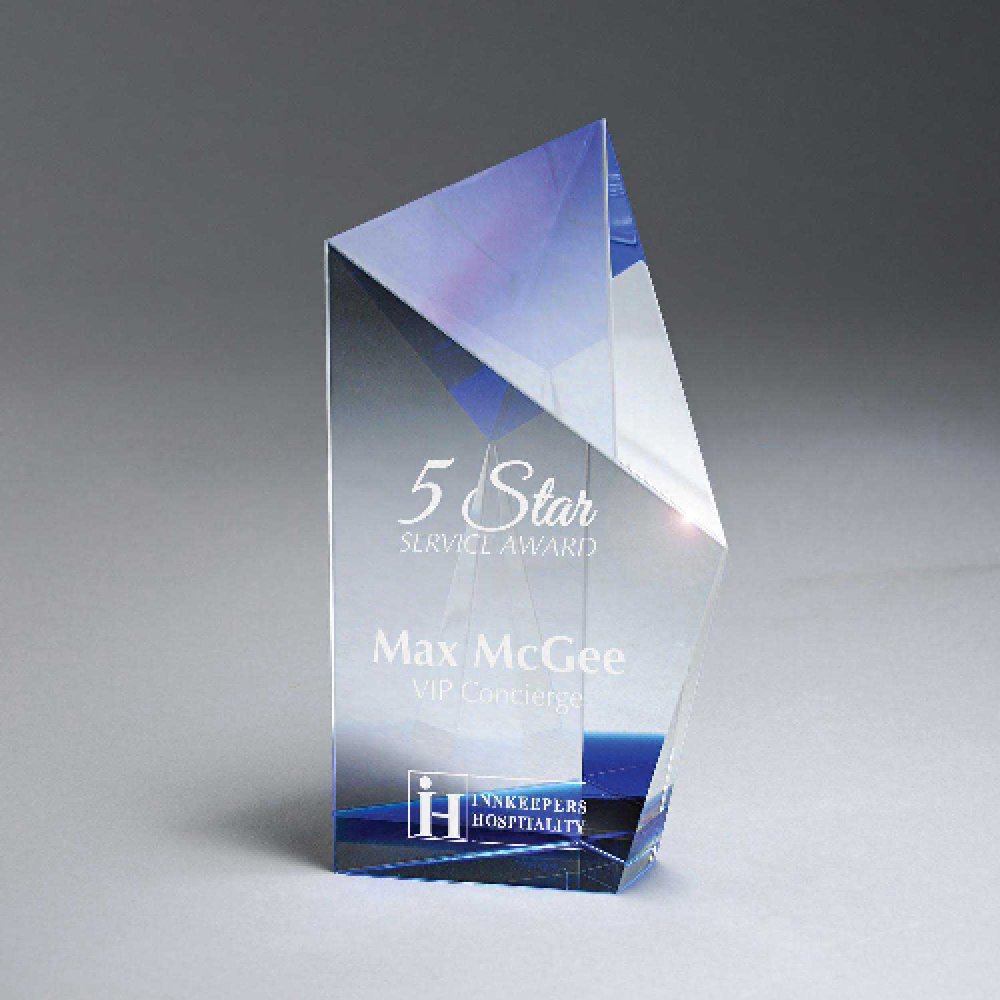 Optic Crystal with Blue Crystal Accent — 8" x 4" x 1 1/2" Color(s): Clear, Blue