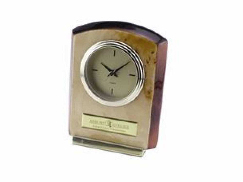 Burlwood Clock with Plate — 5.5 x 2 x 7
