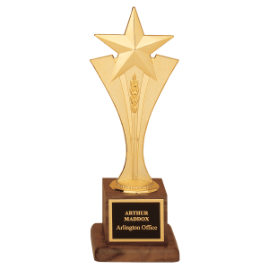 Modern Goldtone Star Casting on Walnut Finish Base with Black Brass Plate
