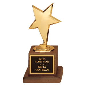 Modern Gold Finish Star Casting on Walnut Finish Base with Black Brass Plate