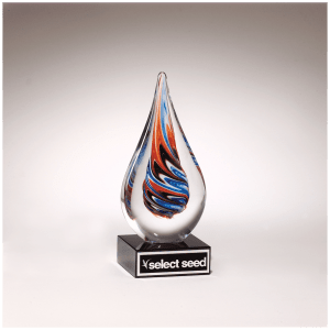 Teardrop Art Glass on Black Glass Base w/Black Laserable Aluminum Plate