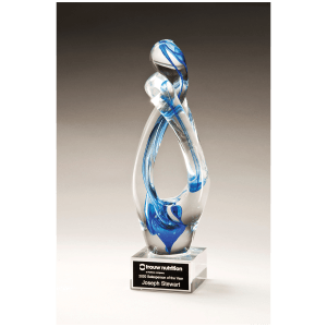 Contemporary Sculpture w/Blue Accent Art Glass/Black Laserable Aluminum Plate