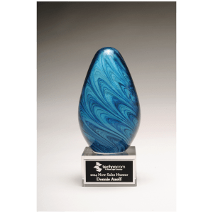 Blue and Green Egg Shaped Art Glass with Black Laserable Aluminum Plate