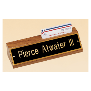 American Walnut Nameplate with Business Card Holder, Black Plate
