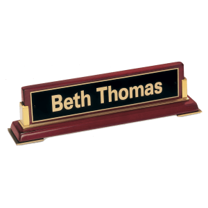 Rosewood Piano Finish Nameplate with Gold Metal Accents, Black Plate