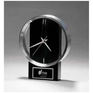 Modern Design Clock w/Brushed Silver Bezel, Black High Gloss Base, Black Plate