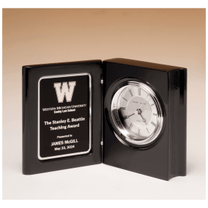 Black Piano Finish Book Clock w/Diamond Spun Dial, 3 Hand Movement, Black Plate
