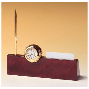 Gold Metal Golfball Clock on Rosewood Piano Nameplate, Business Card Holder, Pen
