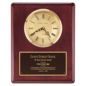 Rosewood Piano Finish Clock, Waterfall Bezel w/Glass Lens, Gold Dial, Plate