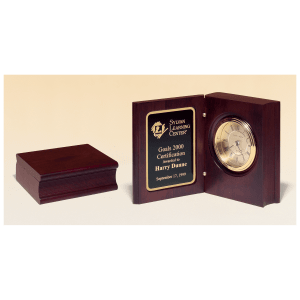 Hand Rubbed Mahogany Finish Book Clock w/Gold Spun Dial, 3 Hand Movement, Plate