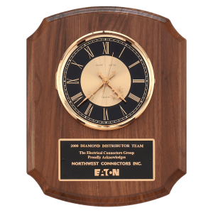 Walnut Quartz Clock, Brass Diamond Spun Bezel, Glass Lens, Black & Gold Dial