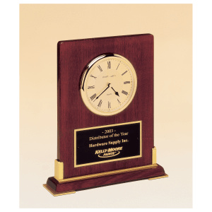 Desktop Clock, Rosewood Piano Finish Wood w/Gold Metal Accents, Black Plate