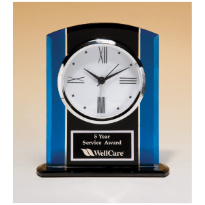 Black & Blue Glass Clock, Silver Bezel, Three Hand Movement w/Black Plate