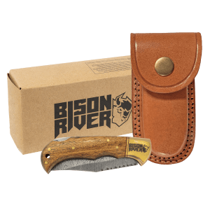 Wood Folding Knife with Damascus Steel Blade, Leather Sheath