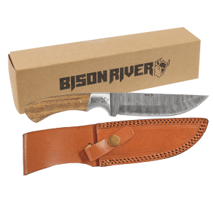 Fixed Blade Wood Knife with Damascus Steel Blade and Leather Sheath