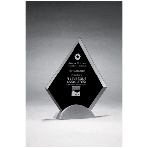 Diamond Shaped Glass Award, Black Silkscreen on Silver Metal Base