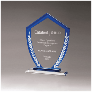 Shield Shaped Glass Award with Blue Border and White Laurel Leaves