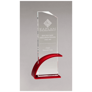 Red Contemporary Clear Glass Award, Arched Base with Matte Metallic Finish