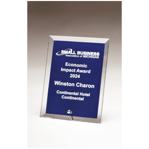 Clear Glass Plaque with Painted Blue Background, Silver Plated Easel Post