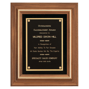 American Walnut Framed Plaque w/Gold Trim & Black Velour Back, Black Brass Plate