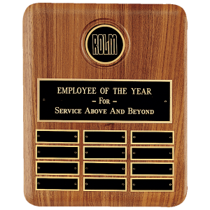 American Walnut 12 Plate Perpetual Plaque w/2 1/2" Black Brass Disc, Brass Plate