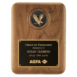 American Walnut Plaque/Detailed Black & Gold Eagle Medallion/Black LaserFX Plate