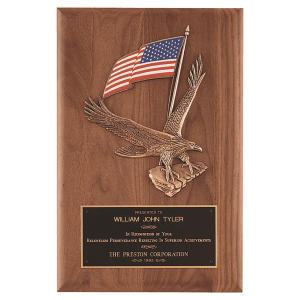 Eagle with Flag Casting on American Walnut Plaque with Black Brass Plate