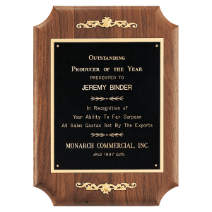 American Walnut Notched Plaque with Gold Casting Accents and Black/Gold Plate