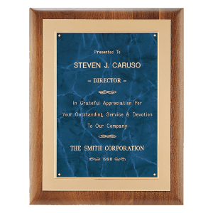 American Walnut Plaque w/Frost Gold Back Plate & Sapphire Marble LaserFX Plate