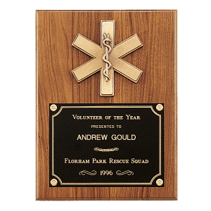 Walnut Plaque with Gold EMT Star of Life and Black Brass Plate