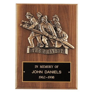 Walnut Plaque, Bronze Cast Fire Department "Bravest"/Black Brass Plate (Wexford)