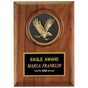 Walnut Plaque with Detailed Black/Gold Eagle Medallion and Black Brass Plate