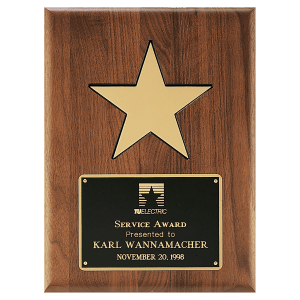 Gold Aluminum Star Solid Walnut Plaque w/Black Recessed Area/Black Brass Plate