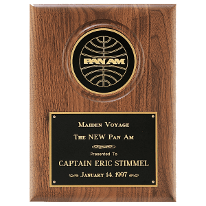 American Walnut Plaque with 4" Diameter Black Disc and Black Brass Plate