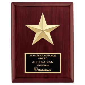 Rosewood Piano Finish Plaque w/Gabled Point Gold Star Casting/Black Brass Plate