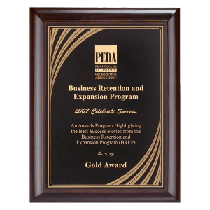 Cherry Finish Plaque with Black Cascading Gold Swirl Brass Plate