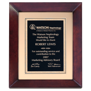 Cherry Finish Frame w/Black/Gold LaserFX Plate on Brushed Metal Gold Background