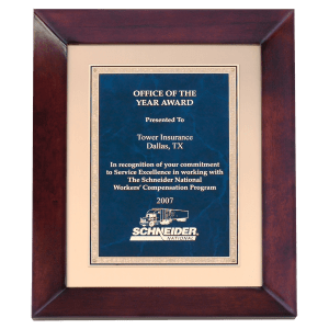 Cherry Finish Frame w/Sapphire Marble LaserFX Plate on Brushed Metal Gold Backer