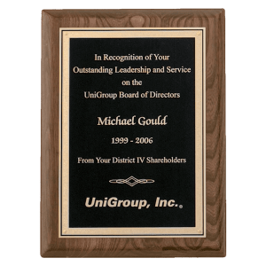 Walnut Stained Piano Finish Premium Plaque w/Black/Gold Florentine LaserFX Plate