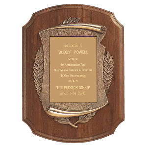American Walnut Notch Corner Plaque w/Antique Bronze Scroll/Brushed Brass Plate
