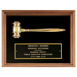 American Walnut Frame with Gold Electroplated Metal Gavel on Black Velour